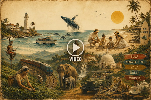 Vintage travel collage of Sri Lanka: lighthouse, mosque/temple, elephant and leopard, train on a coastal bridge, jeep, people harvesting on beach, boats, palm trees, and signposts.