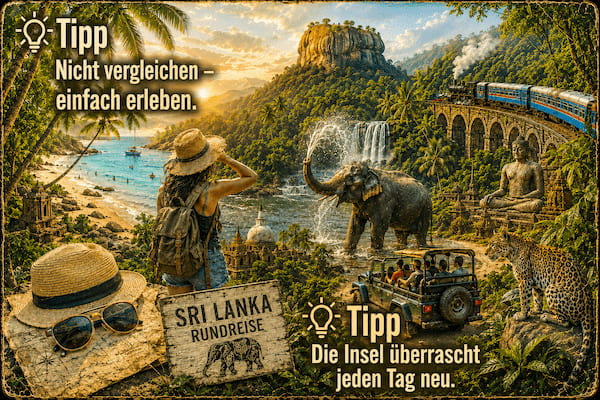 Sunset scene of a tropical coastline with a train on a hilltop bridge, elephants nearby, and a woman in a hat sitting on a rock with water and a lighthouse in the background.