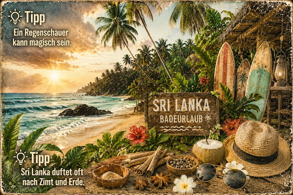 Person in a wide-brim hat lounges on a beach chair at sunset, palm trees lining a tropical shore and a sailboat on the calm sea.
