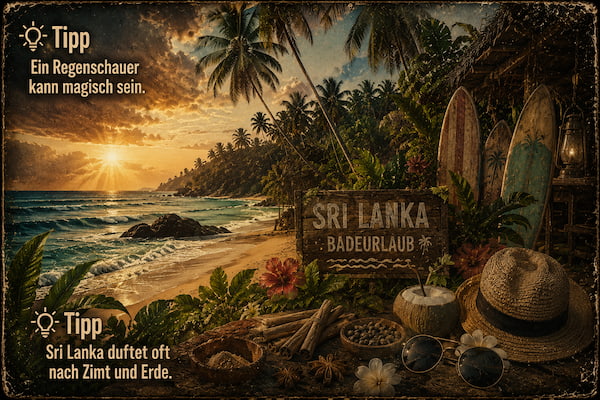 Person in a wide-brim hat lounges on a beach chair at sunset, palm trees lining a tropical shore and a sailboat on the calm sea.