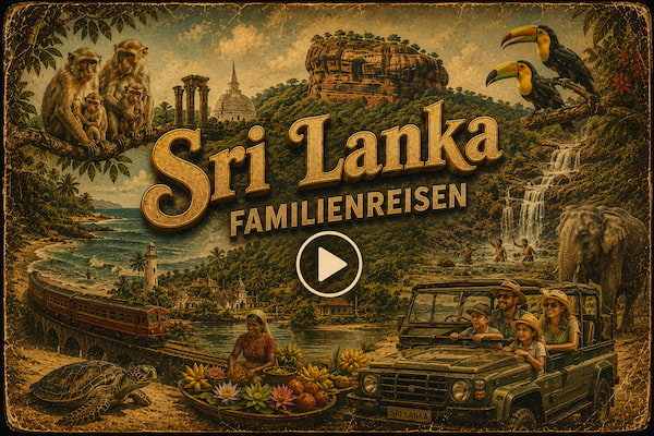 Vintage travel collage of Sri Lanka: lighthouse, mosque/temple, elephant and leopard, train on a coastal bridge, jeep, people harvesting on beach, boats, palm trees, and signposts.